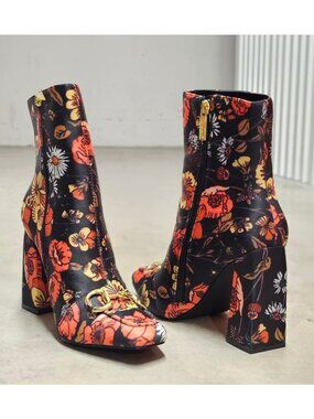 Floral Block Heel Ankle Boots With Gold Buckle Detail & Side Zipper Closure